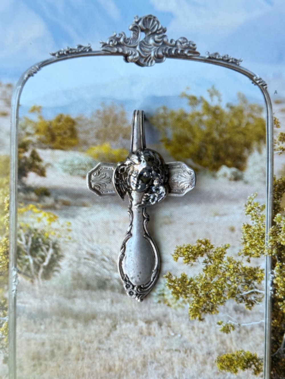VINTAGE HANDMADE Cross with Cherub Pendant Repurposed Silver Victorian Style